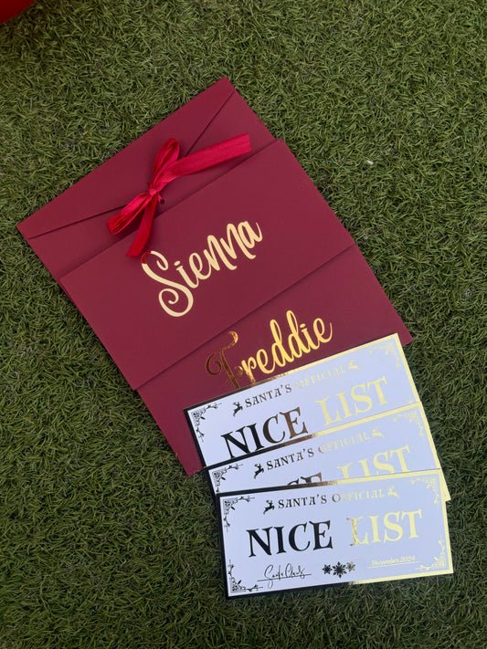 Nice List Ticket | Official Santa Certificate | Christmas Eve Box | Personalised Envelope